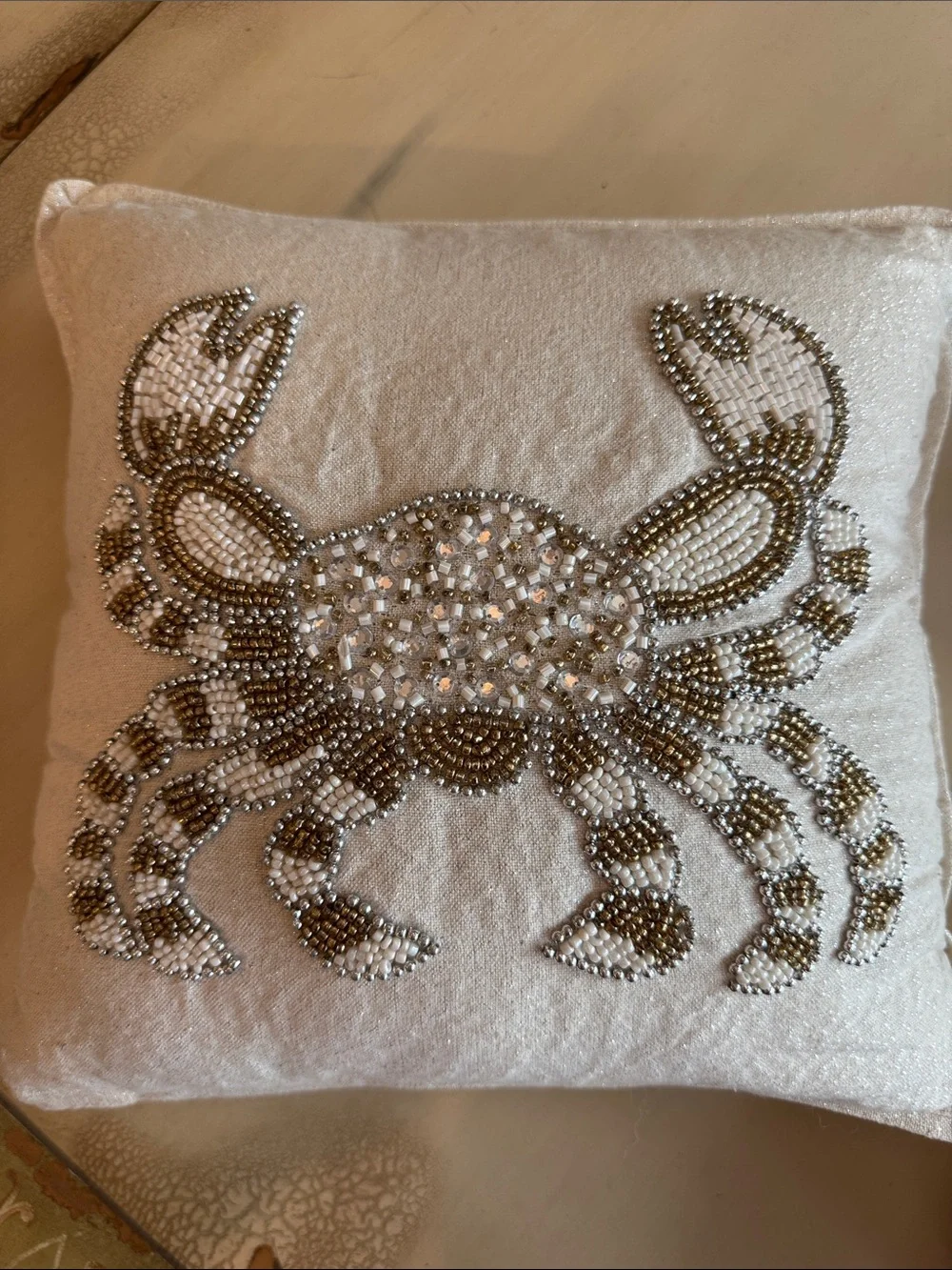 Beaded Crab Decorative Pillow - White and Gold